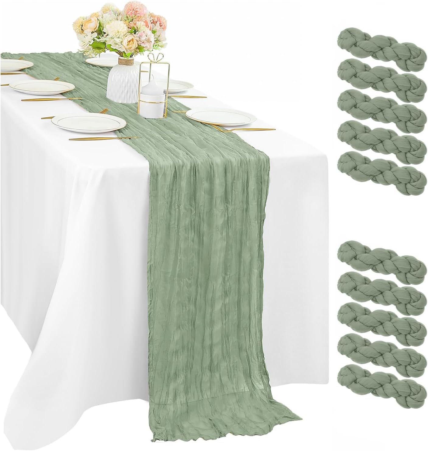 10PCS Sage Green Cheesecloth Table Runner 120*35ft Boho Gauze Fabric Cheese Cloth Table Runner Comes Runner for Romantic Wedding Birthday Shower Party Table Decoration