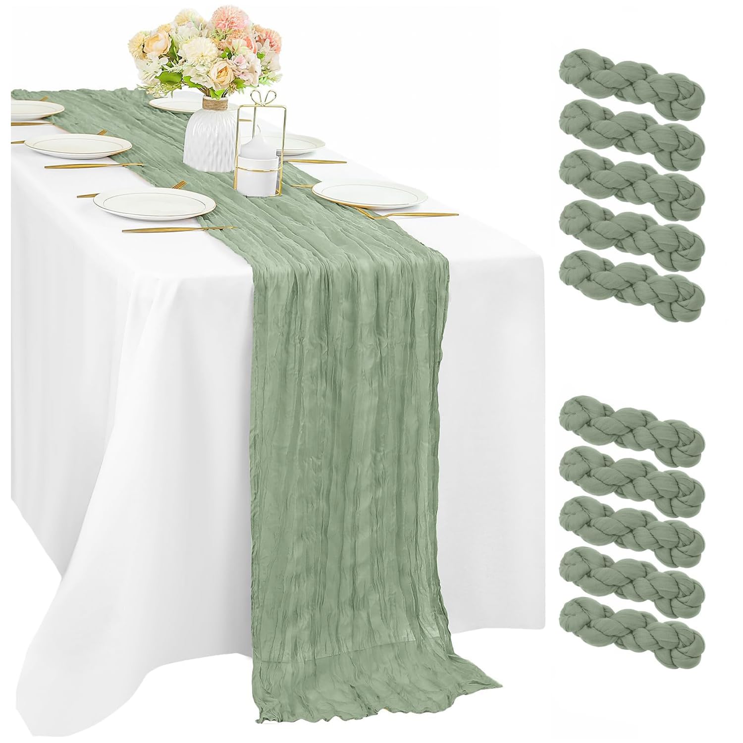 Photo 1 of 10PCS Sage Green Cheesecloth Table Runner 120*35ft Boho Gauze Fabric Cheese Cloth Table Runner Comes Runner for Romantic Wedding Birthday Shower Party Table Decoration