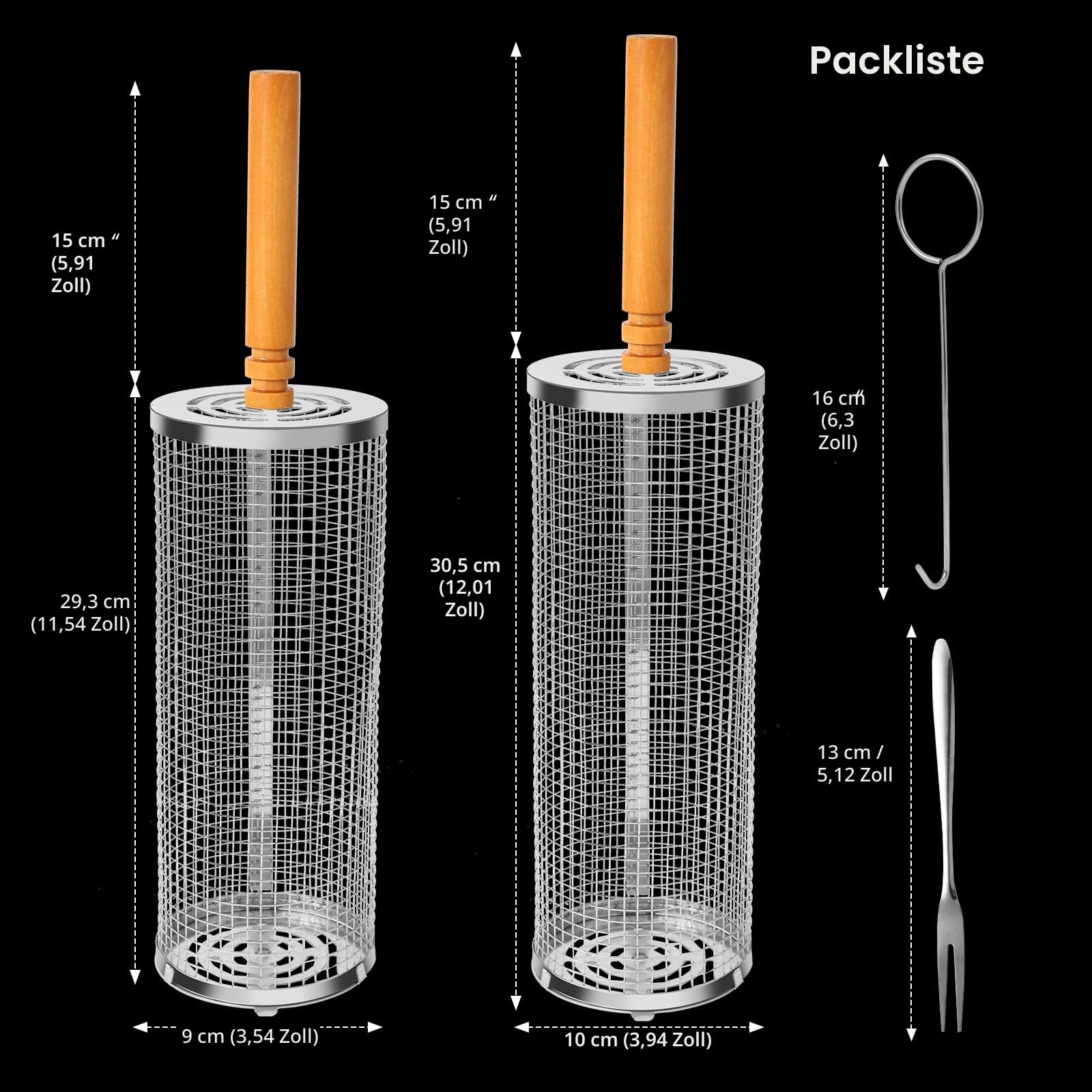 2 Stück Nestendes Rollendes Grillkorb Set mit Holzgriff (30 x 10cm), Grillnetzrohr für Den Außengrill für Gemüse, Edelstahl zylindrische für Outdoor Grill Grillzubehör-Werkzeuge Geschenke für Männer
