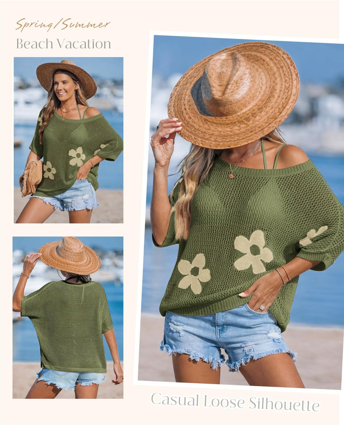 ATHMILE Womens Floral Spring Tops Summer Fashion Shirts Short Sleeve Beach Vacation Crochet Knit Sweater Lightweight Pullover - Image 4