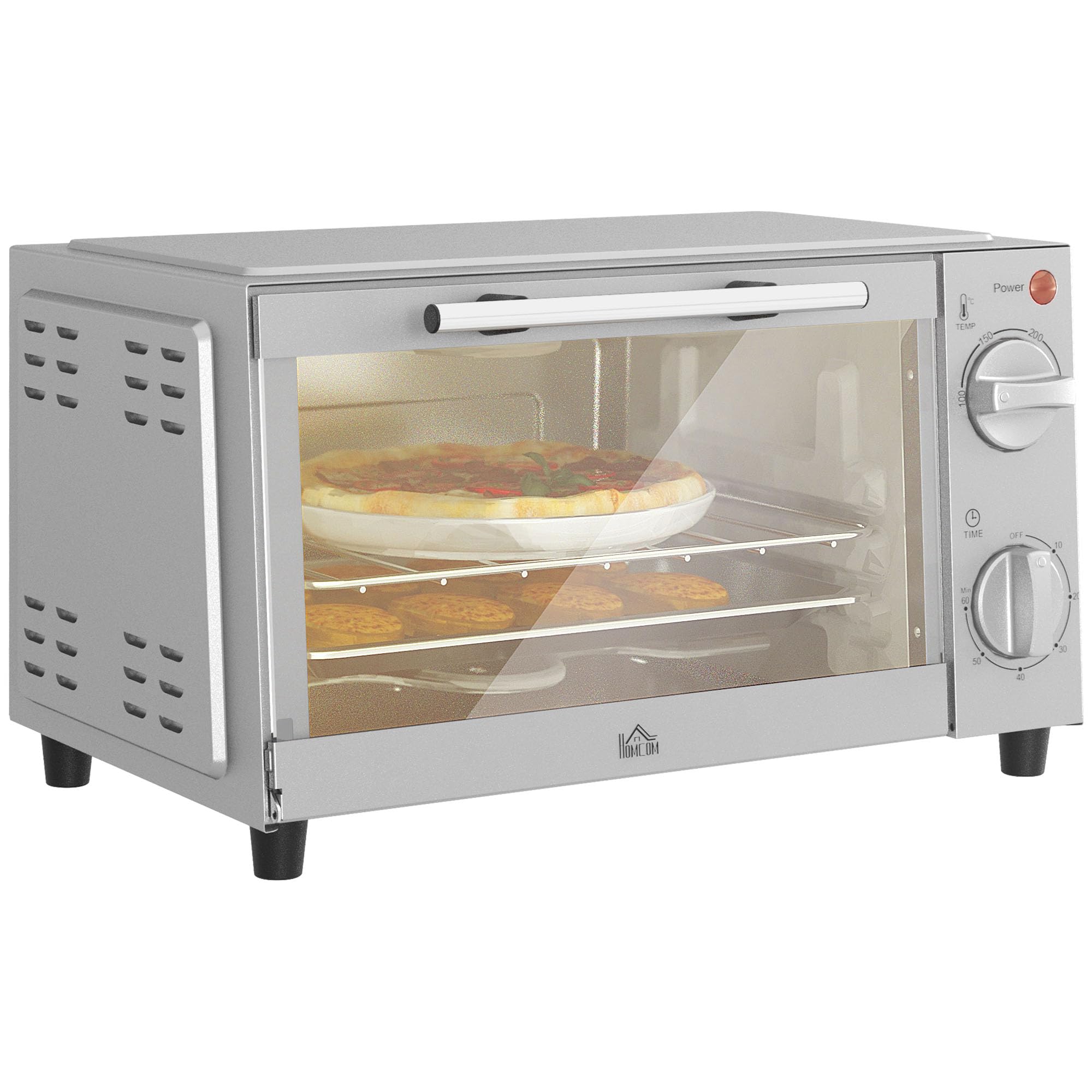 HOMCOM Mini Oven, 9L Countertop Electric Grill, Toaster Oven with Adjustable Temperature, Timer, Dishwasher Safe Baking Tray and Wire Rack, 750W, Silver