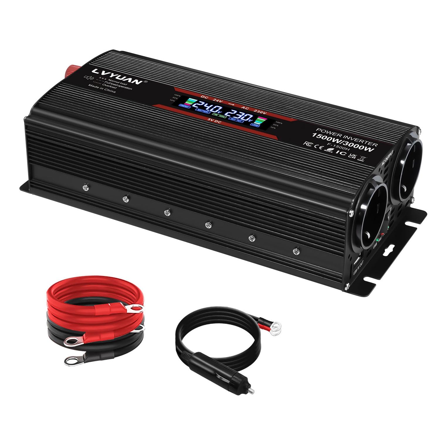 LVYUAN Spannungswandler 24V 230V 1500W/ 3000W Wechselrichter Stromwandler mit LCD Bildschirm, 2 EU Steckdose, Lüfter und 5V USB Anschlüsse inkl Kfz Zigarettenanzünder Stecker, Schwarz