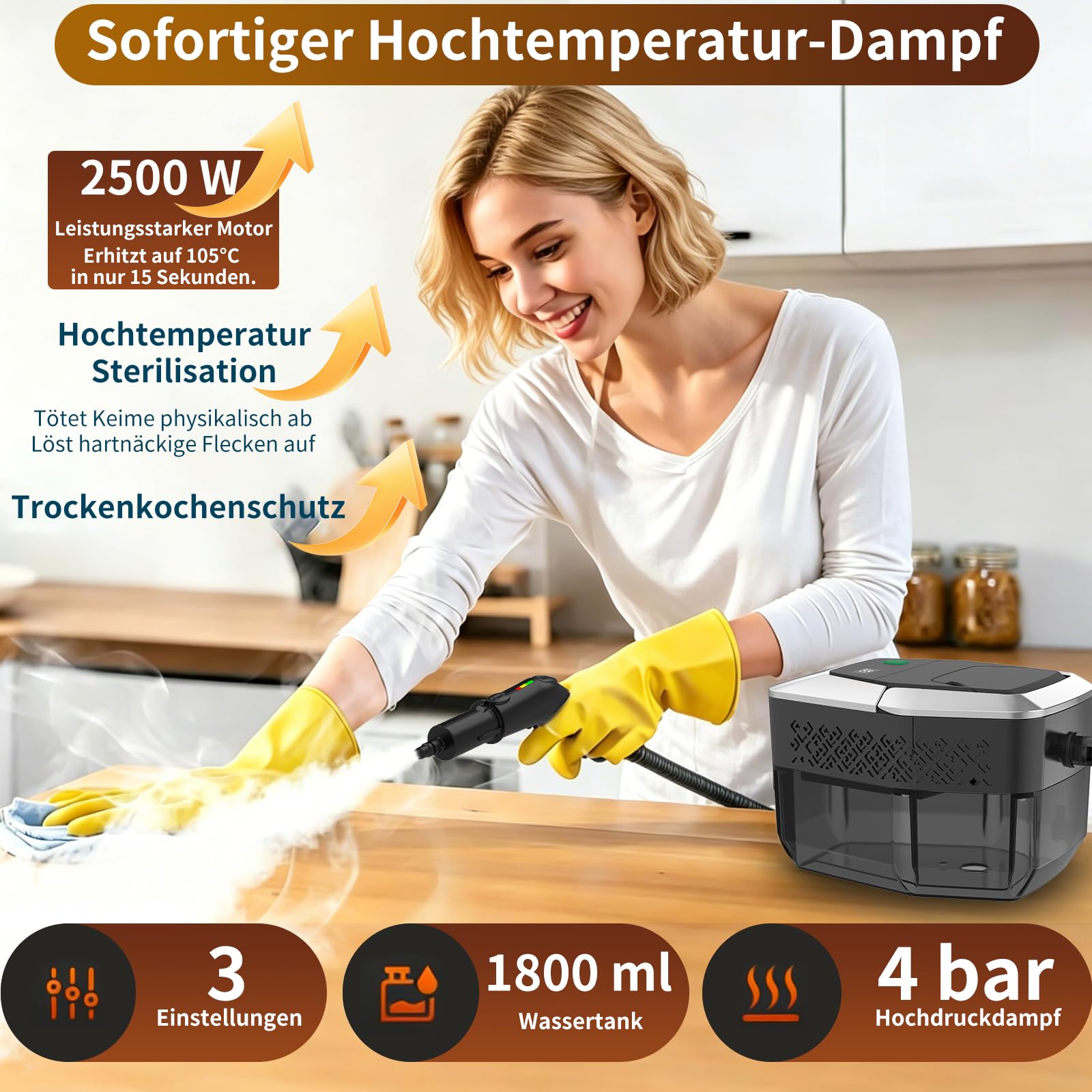 Dampfreiniger Handgerät, 2500W Handdampfreiniger mit Stufengriff, 8 Düsen, 1,8L Tank, 3 Dampfstufen, 4 BAR Hochdruck, 15S Heizzeit 105℃, Tragbarer Dampfreiniger für Auto Küche Bad Polster BBQ
