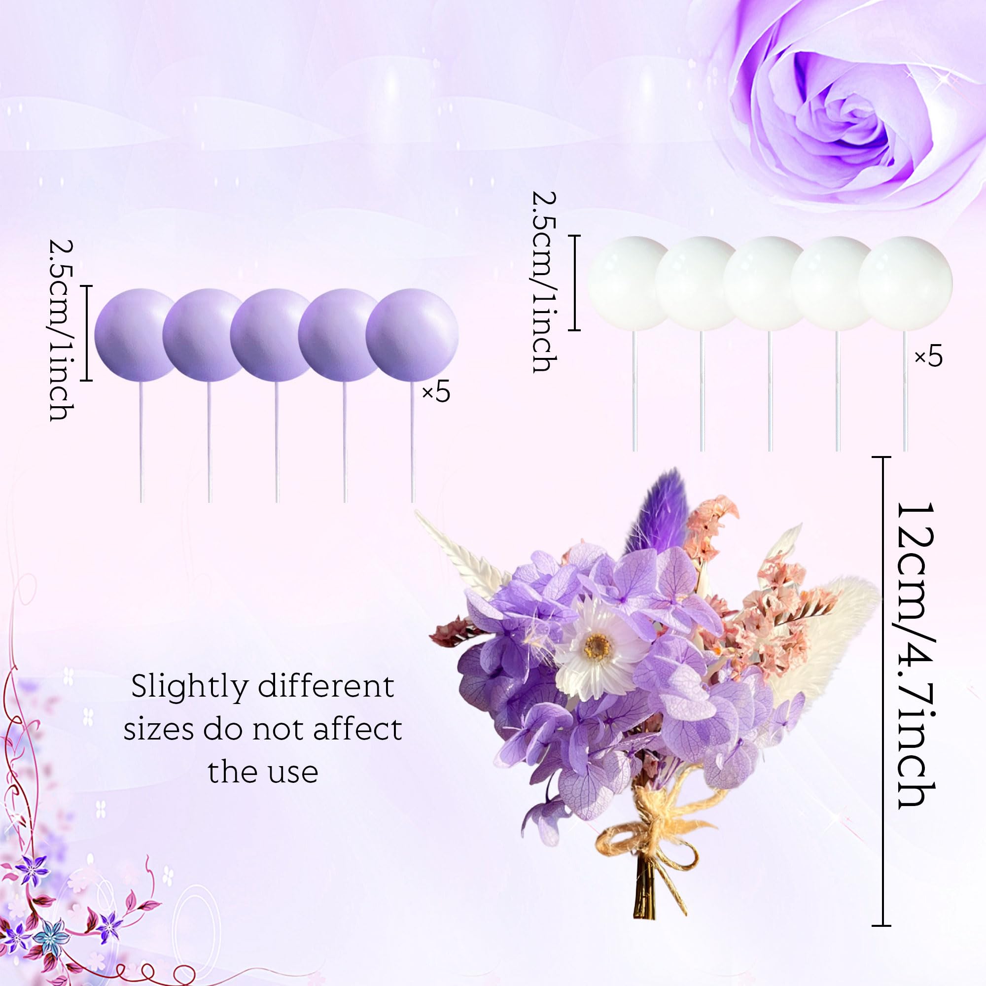 Décorations De Gâteau Boho Fleuries Violettes - Set Pour Mariage, Baby Shower, Anniversaire, Avec Boules Violettes Et Blanches