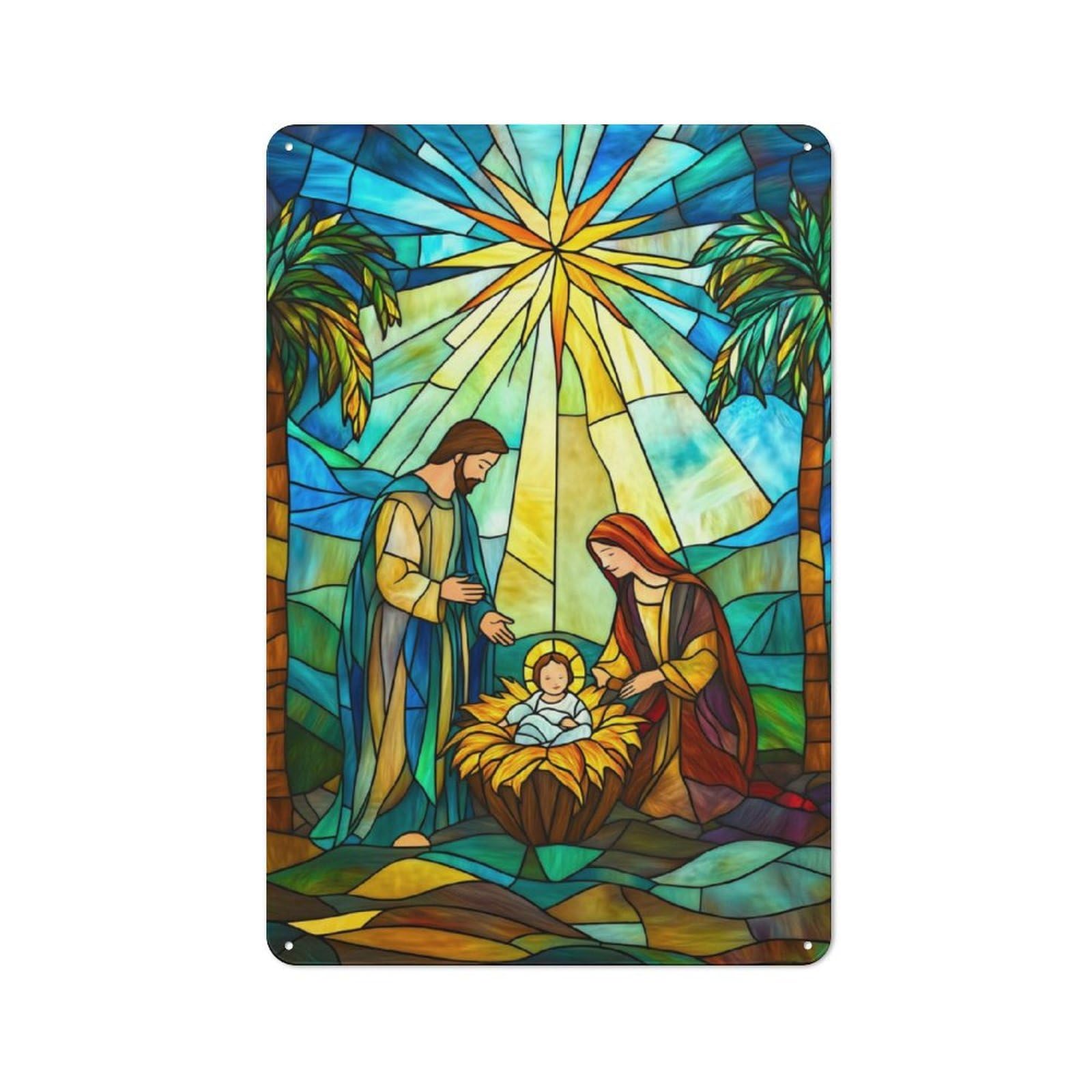 Tin Sign 30x20cm with Stained Glass Nativity Scene for Workshop Wall, Vintage Decor, for Metal Sign Collectors, for Garage And Workshop Walls