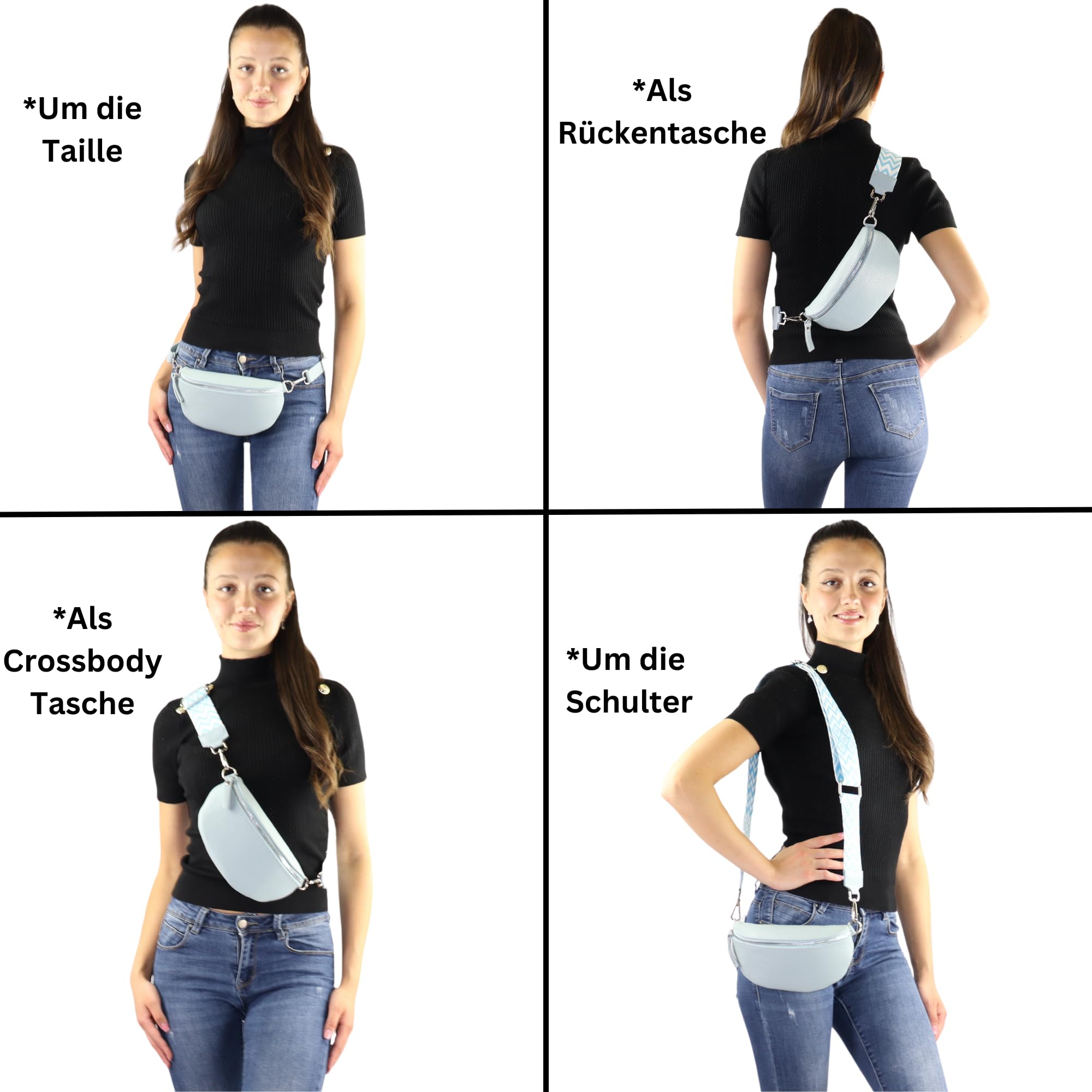 Blade Marsupio da donna in vera pelle, elegante marsupio, da donna, con 2 motivi e pelle staccabili e regolabili, tracolla da donna, tasca sul petto di alta qualità per donne, Blu chiaro-2, m,