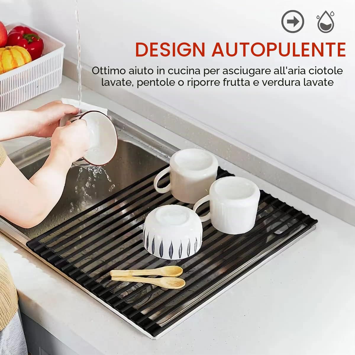 MERRYBOX Scolapiatti arrotolabile in silicone, 52 x 33 cm, multiuso, pieghevole, resistente al calore e antiruggine, per lavello da cucina, grande, nero