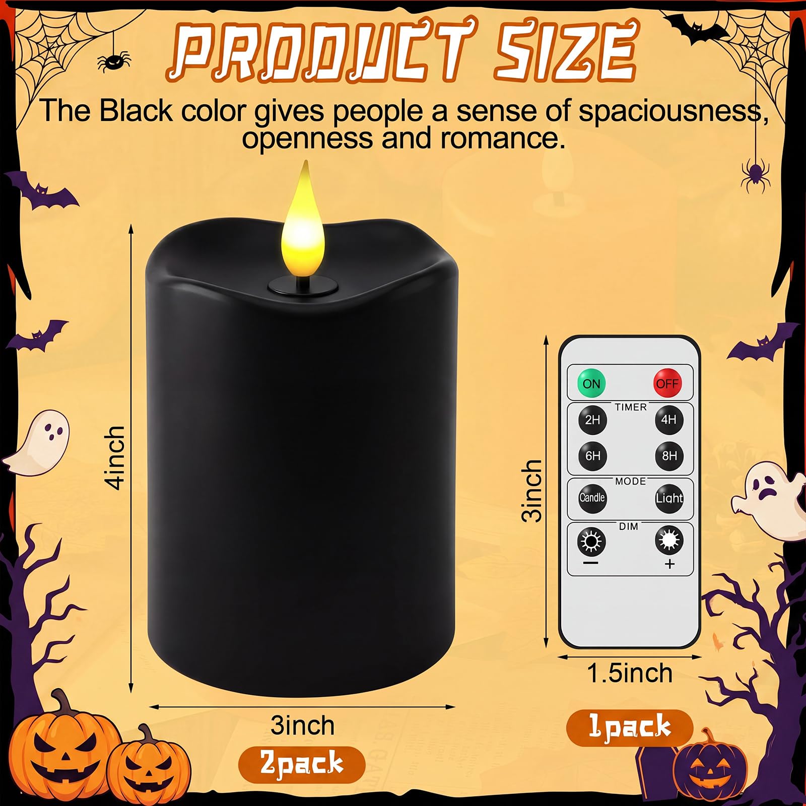 Retisee 3 candele LED da 10,2 cm con timer e telecomando tremolanti, in vera cera, funzionamento a batteria, per decorare la casa (nero, 2 pezzi)