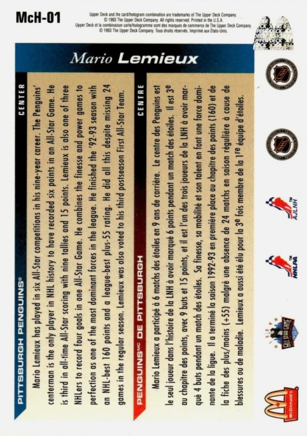 1993-94 McDonalds Upper Deck Mario Lemieux Penguins Card #McH-01