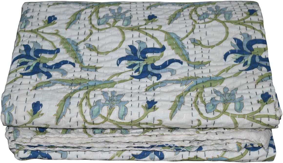 Indian Handmade Vintage Cotton Kantha Quilt Throw Blanket Gudari (Blue Daliya, Twin)