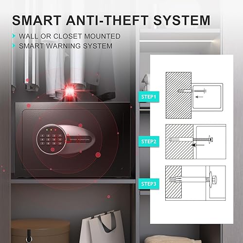 Miniatura 6 de BONANO Caja fuerte pequeña, caja de seguridad de 0.5 cúbicos con teclado electrónico y bolsa impermeable ignífuga, pequeña caja de seguridad para