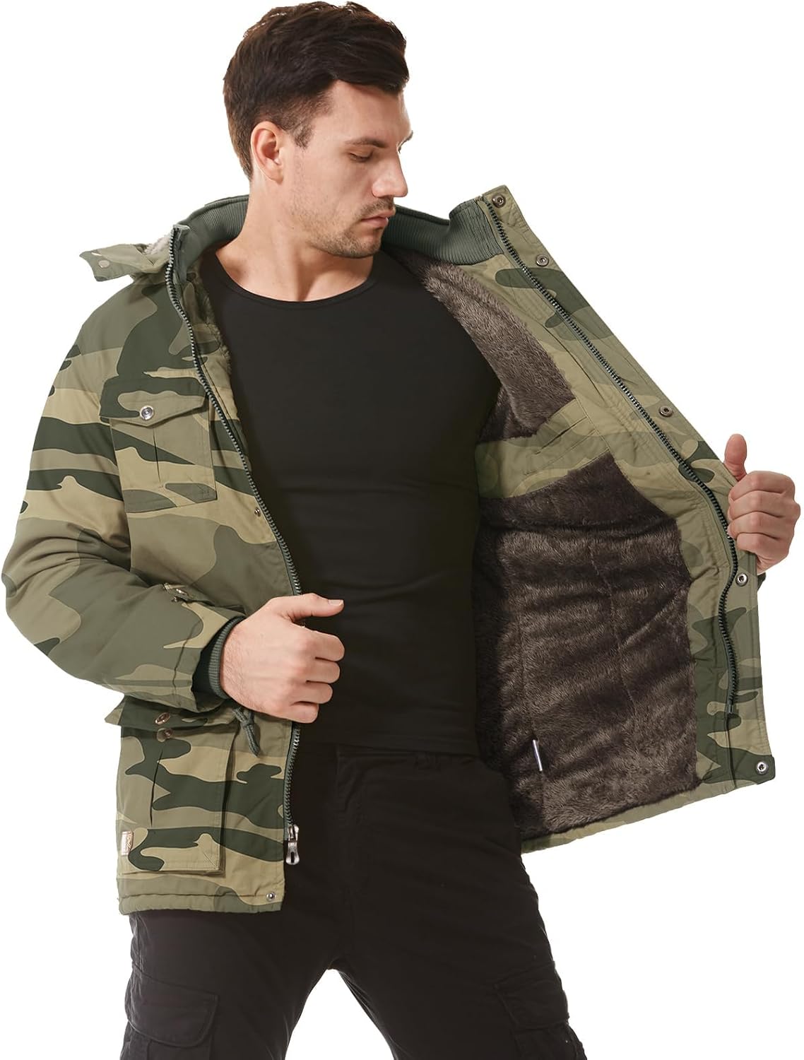 Mens Jacket Winter Casual Fleece Lined Cotton Thick Military Tactical Hooded Work Coats with Cargo Pockets - Image 4