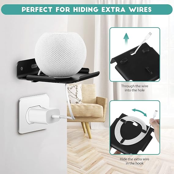 Small Wall Shelf, 4.7 Floating Shelves for Speakers, Internet Router, Smart Home, Apple HomePod Mini, Echo Dot 4th, Security Camera for Bedroom, Gaming Room, and Living Room (Black)