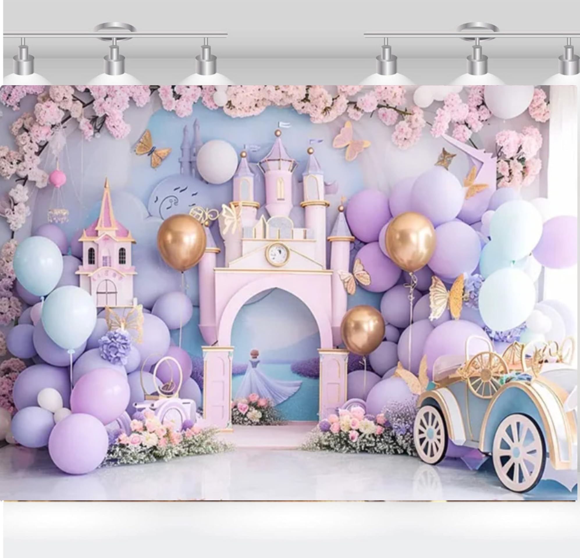 Princess Castle Backdrop Photography Flower Pink Floor Decorations Girls 1st Birthday Cake Crush Party Photo Background Photo Studio Banner (5x3FT)