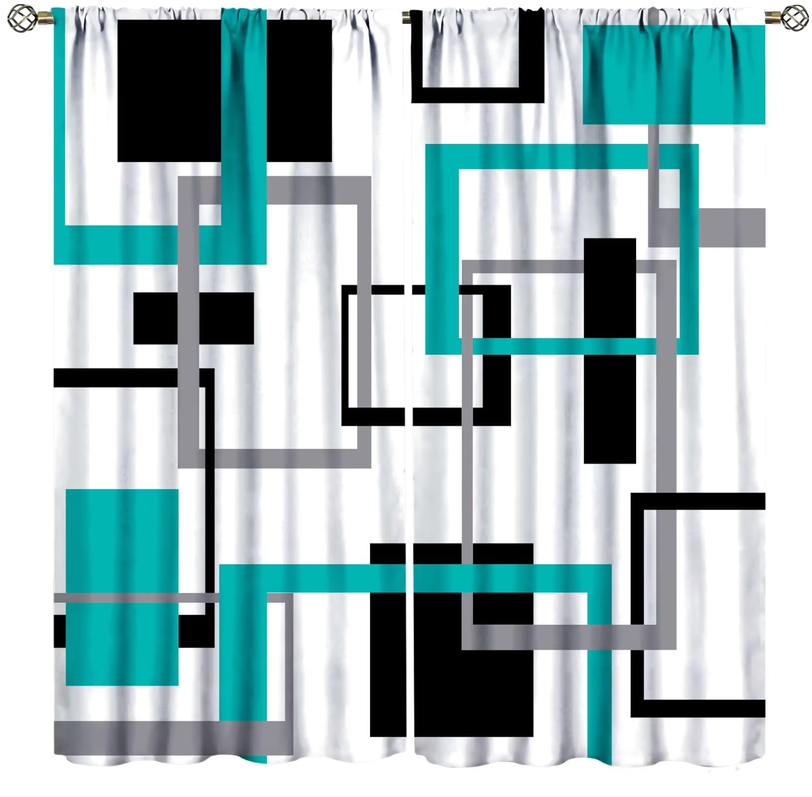 Teal Curtains Mid Century Modern Turquoise Abstract Aqua Black Grey Geometric White Backdrop Blackout Rod Pocket Curtains for Bedroom Living Room