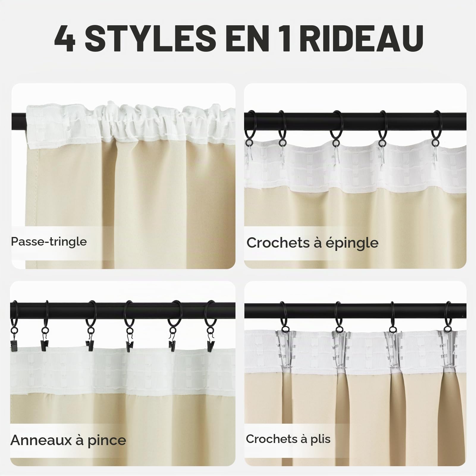 MRTREES Rideaux Beige avec Bande Fronce 175 cm de Long, 140 cm de Large, Rideau occultant Moderne avec Bande Fronce pour Salon, Chambre à Coucher, Cuisine, Chambre d'enfant, 2 pièces