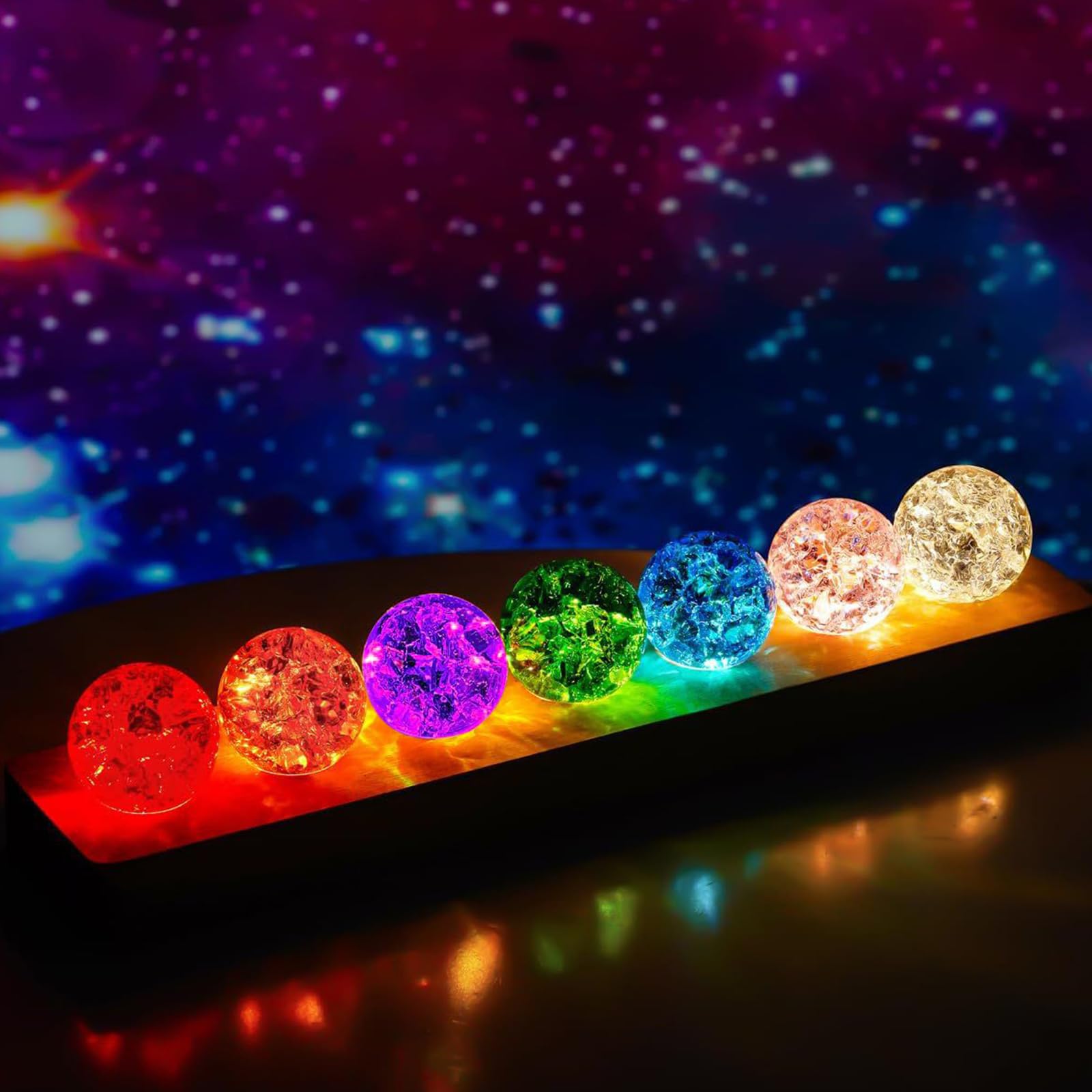 7 Colores 3D Bola de Cristal Luz Nocturna, EIS Meditación Chakra Bolas de Cristal con LED Madera Base para Decoración del Hogar Sala de Estar Dormitorio Ornamentos (40mm/1.6in)