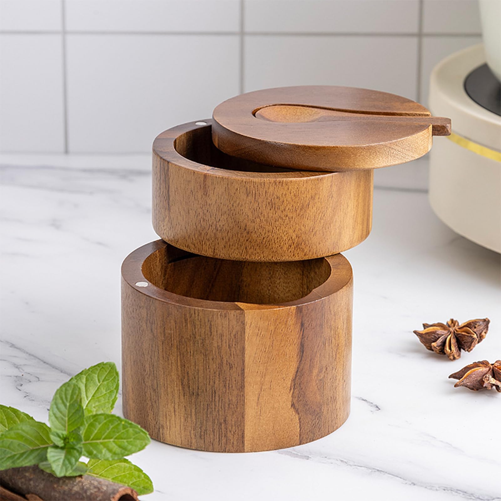 Portasale rotondo in legno con coperchio e cucchiaio, adorabile contenitore per sale e pepe a doppio strato, in legno naturale, per organizzare condimenti sul piano di lavoro della cucina, marrone