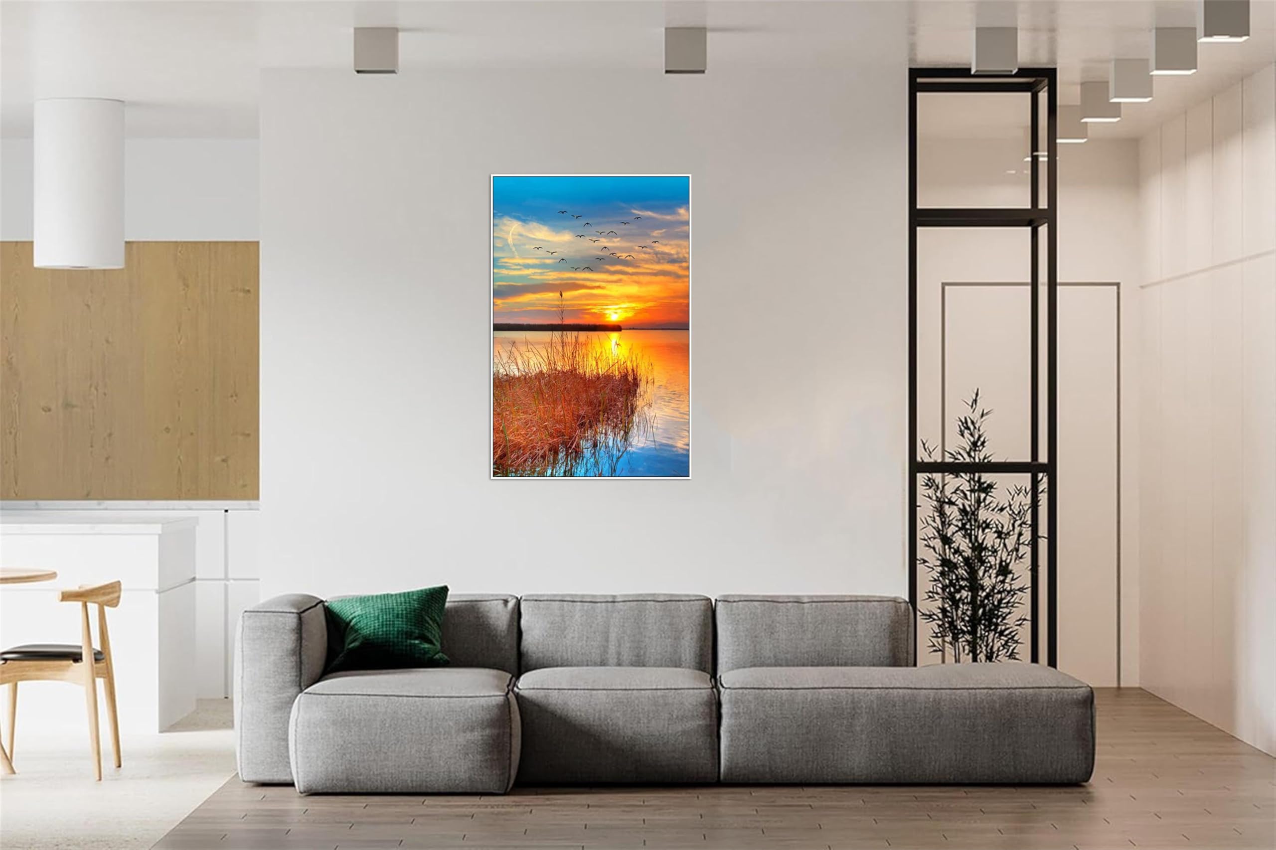 SDYSKKUG Landschaftsbilder. Wolken Sonnenuntergang Meer Gras. Moderne Bild Druck auf Leinwand. Weiß Rahmen Wandbilder für Wohnzimmer Wanddekoration 90x60cm