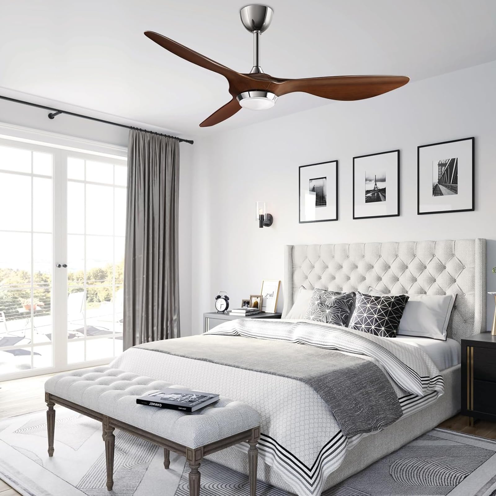 reiga 132cm Ventilatore da Soffitto con Lampada LED Dimmerabile, 3 Pale ABS, Telecomando, Motore CC Silenzioso, Inversione, 6 Velocità (Marrone-Scuro)