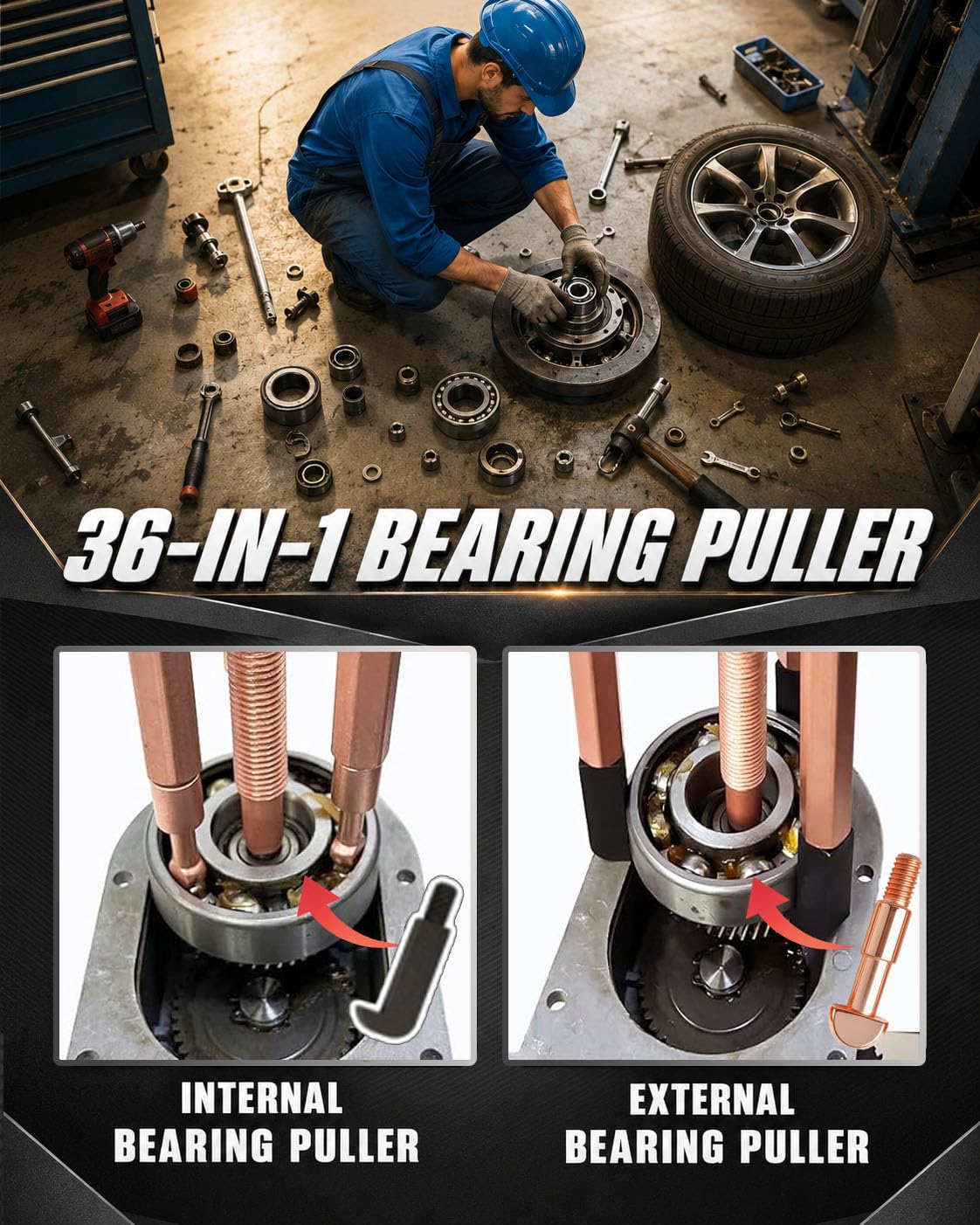 36 en 1 Juego Extractor de Rodamientos, Separador de Rodamientos Internos | Extractor de Rodamientos Ciegos con Separador de Rodamiento para Reparación de Coches, Motos e Industria, con Vaso de 17 mm