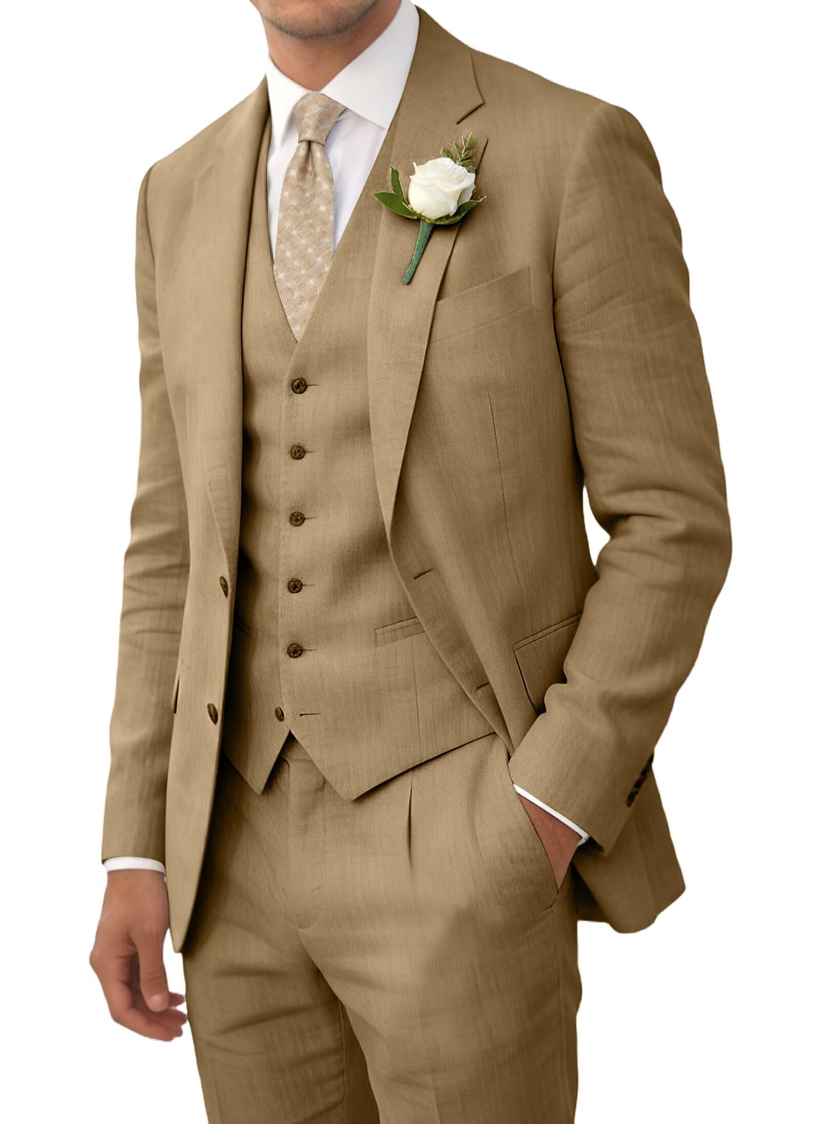 Wehilion Retro Linen Men Suits Beach Wedding Suit Summer Slim Fit 3 Pieces Light Weight Breathable Jacket Vest Pant Tuxedo