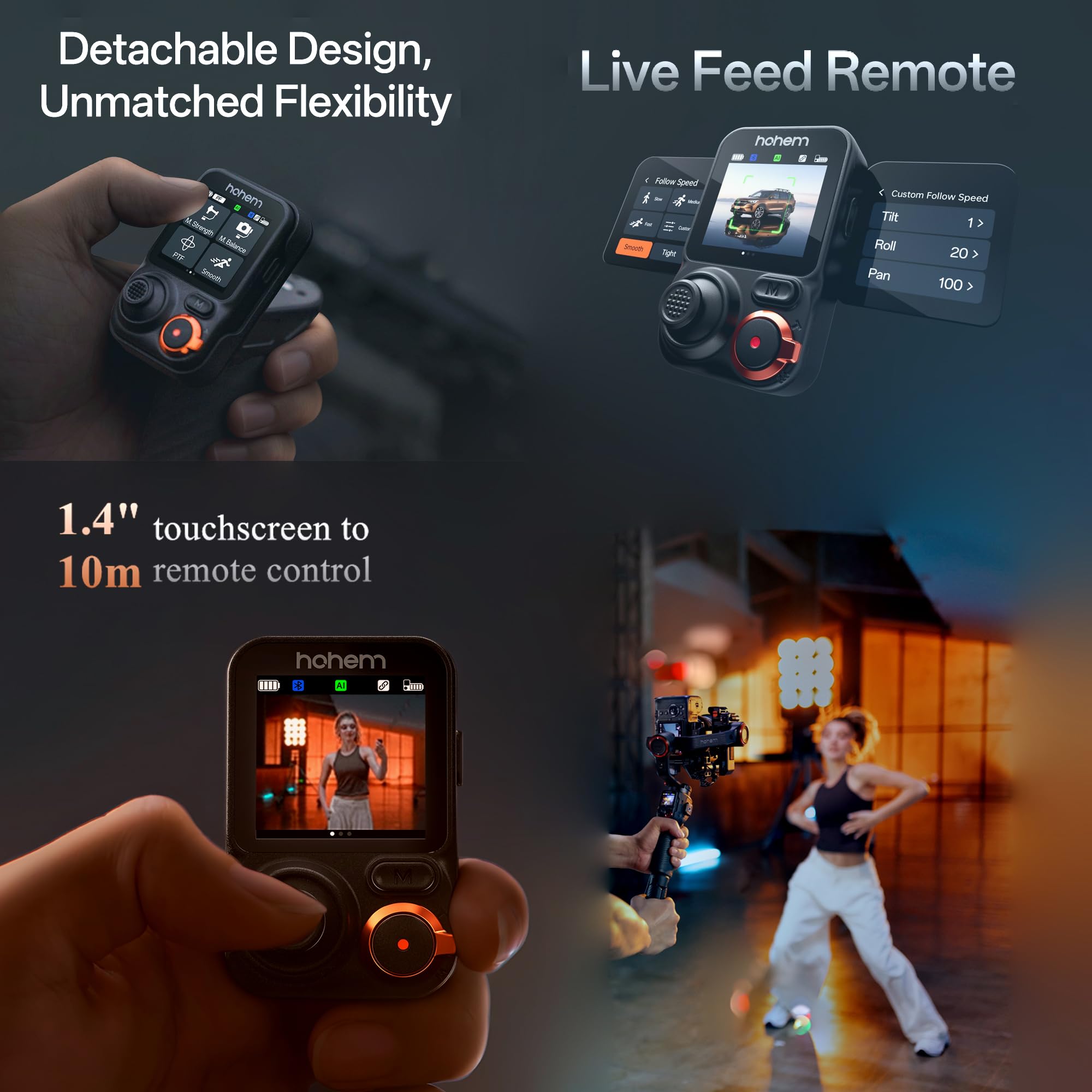 Hohem iSteady MT3 Pro Kit Gimbal Stabilizzatore per Fotocamera, con AI Tracker e Telecomando Live Feed Rimovibile, Manopola Rotante Bidirezionale, Follow Focus, Rotazione Verticale Rapida, Capacità di