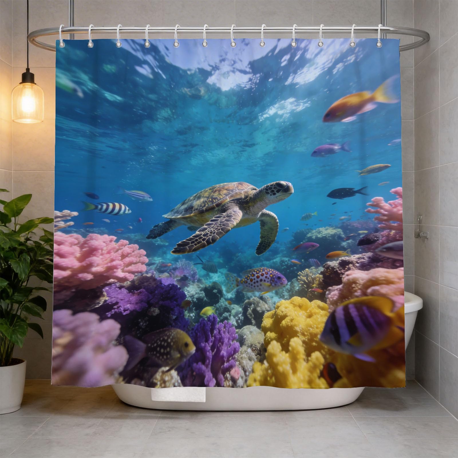 Hongduo 3D Coral Reef Sea Turtle Shower Curtain for Stalls Bathtubs Cute Bathroom Decor Shower Curtain Set Polyester Fabric Waterproof 180x200cm/71X79 Inch with Hooks