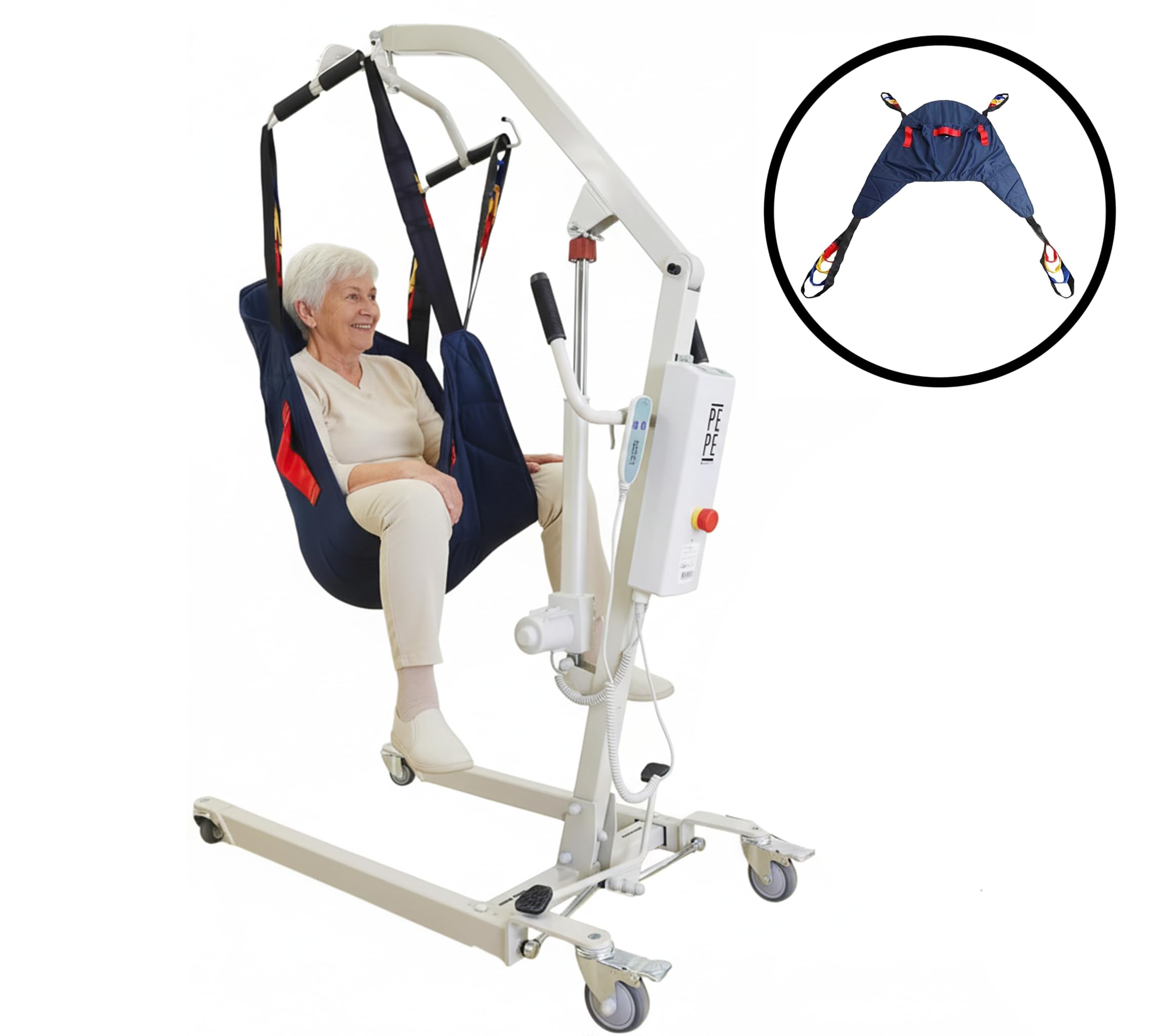 PEPE Mobility Grúa para Personas Mayores Eléctrica (hasta 150 kg), Arnés de Transferencia Incluido, Ancho Ajustable, Ruedas con Bloqueo Seguridad