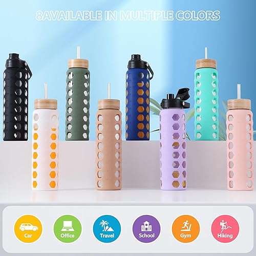 Miniatura 7 de MUKOKO Botellas de agua de vidrio, vaso de vidrio de 32 onzas con popote, botellas para beber con 2 tapas con tapa de boquilla con asa y tapa de
