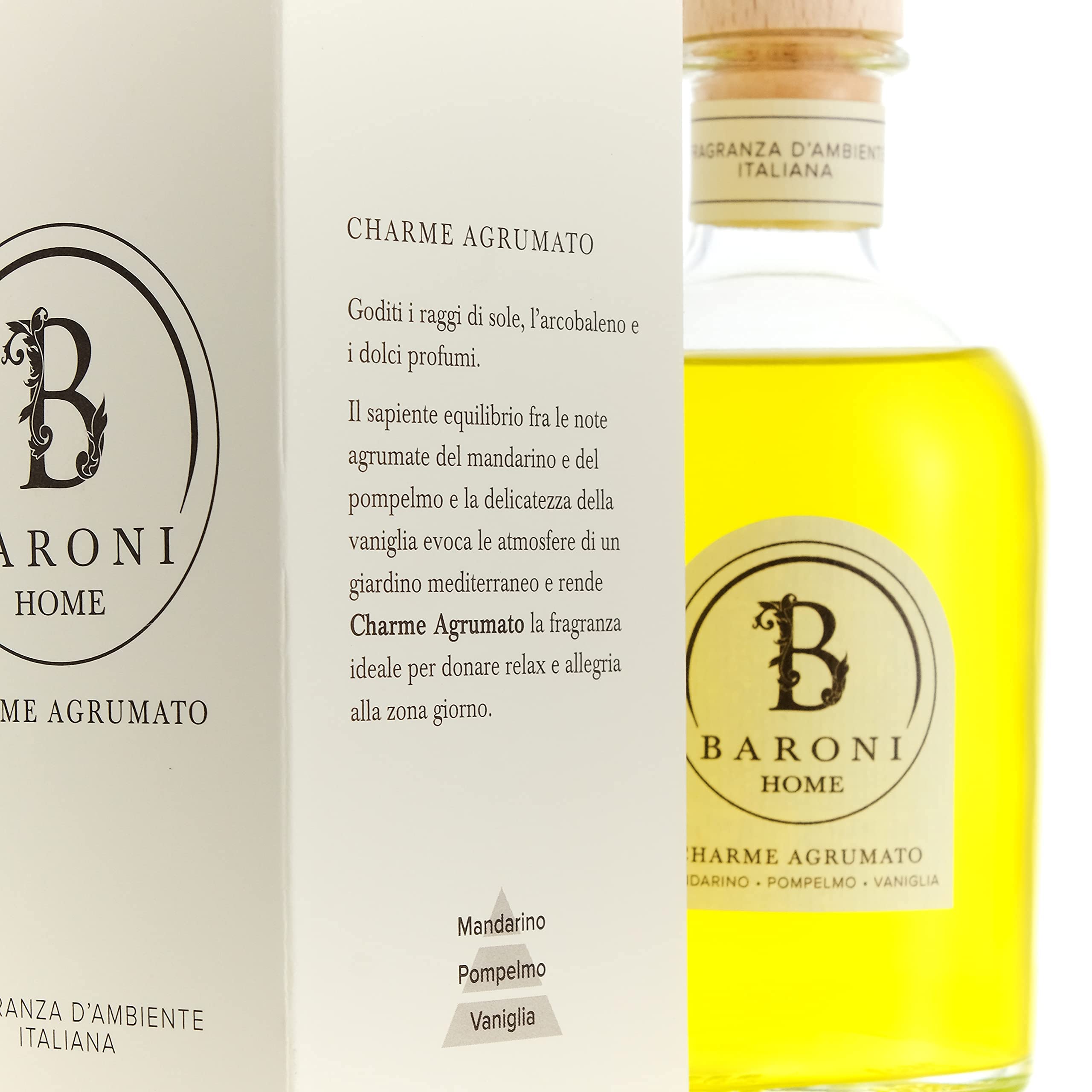 BARONI HOME Difusor de aceites esenciales para ambientes, difusor de aromas de varillas, 100% natural, fabricado en Italia (500 ml, aroma cítrico)