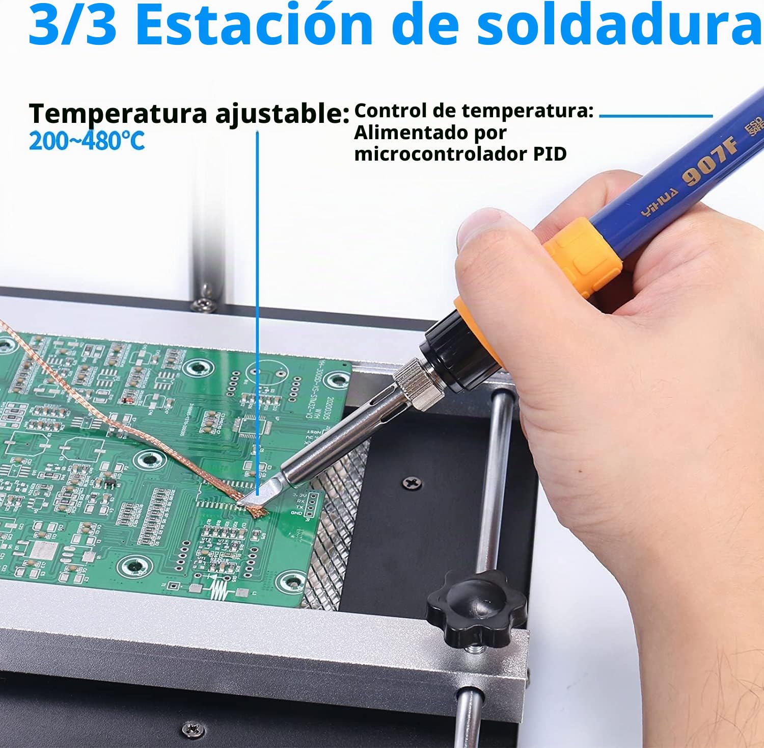 YIHUA 853AAA SMD Estación de soldadura de aire caliente, Juego de estación de soldador y retrabajo, Placa de precalentamiento 3-EN-1 con accesorios(EU Plug)