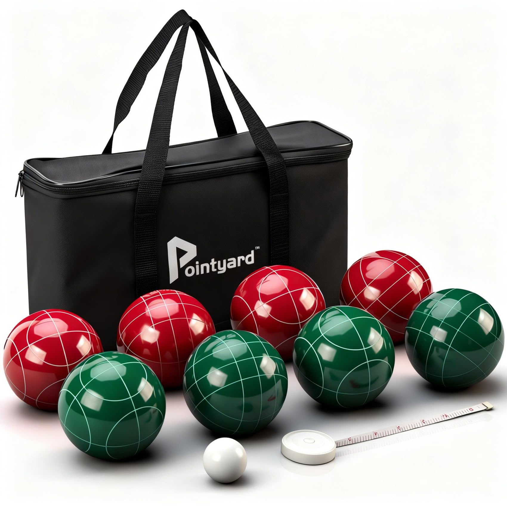 Pointyard Bocce Ball Set, 90mm Classic Bocci Ball Set with 8 Resin Bocce Balls/1 Pallino/Nylon Zippered Bag/Measuring Tape - Outdoor Family Games for Backyard/Lawn/Beach (Red & Green)