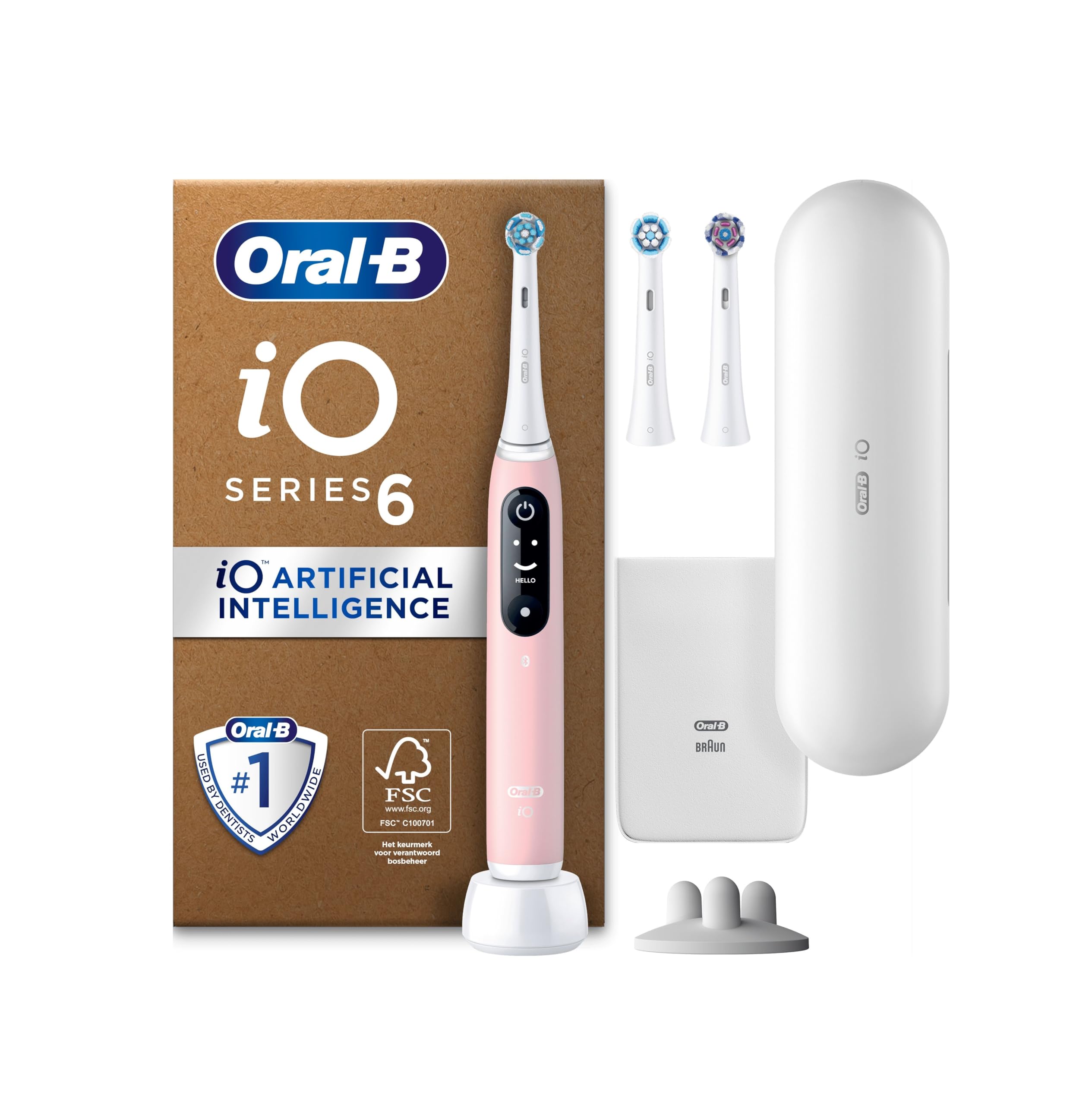 Oral-B iO6 Electric Toothbrushes For Adults, Gifts For Women/Men, 3 Toothbrush Heads, Travel Case & Toothbrush Head Holder, 5 Modes With Teeth Whitening, 2 Pin UK Plug, Pink Pink + 2 Reffils