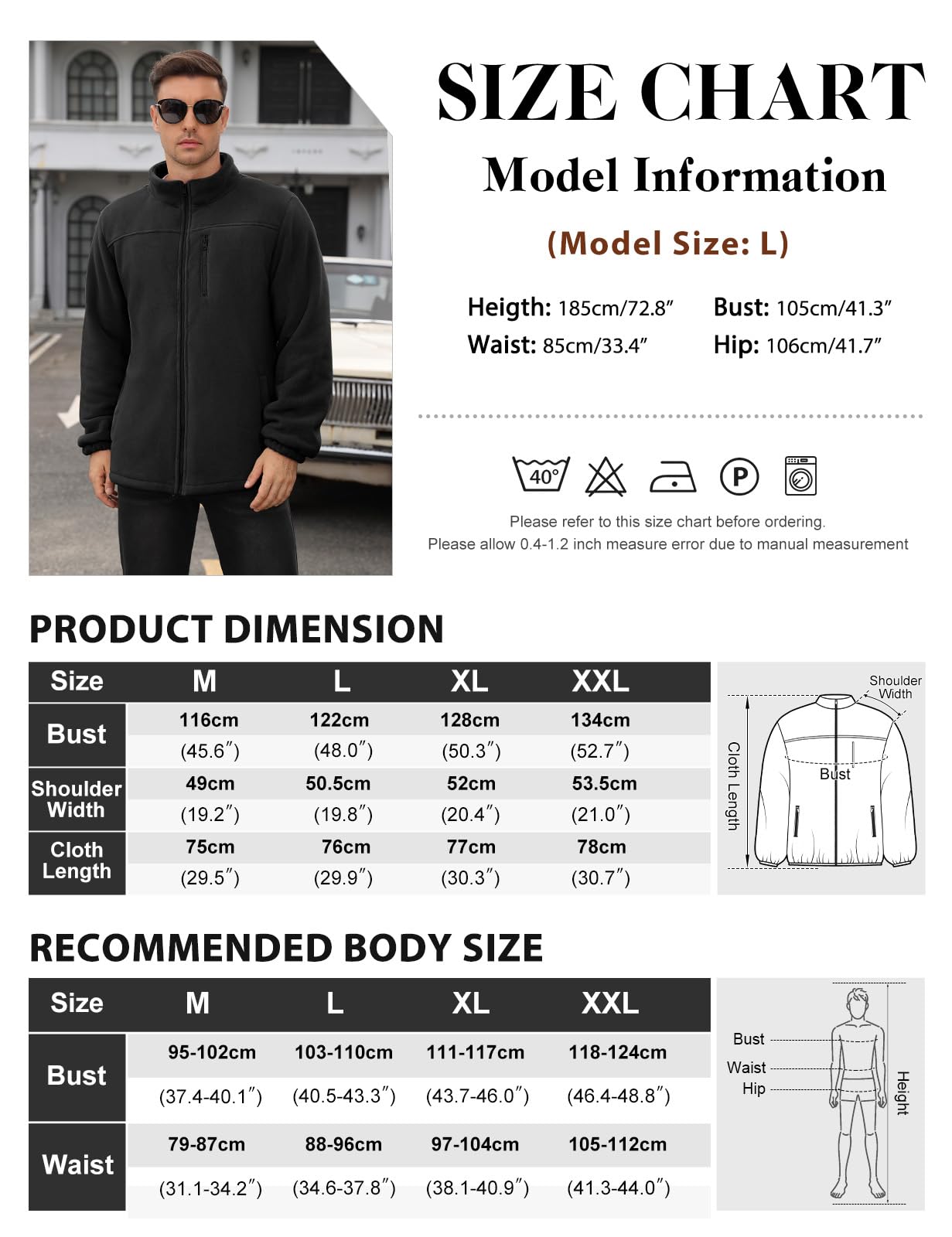 TOMEEK Veste Polaire Homme Hiver Fleece Jacket Full Zippé Chaude Manteau Hommes Blousons avec Poches sans Capuche de Randonnée Travail Epaisse Thermique Blouson
