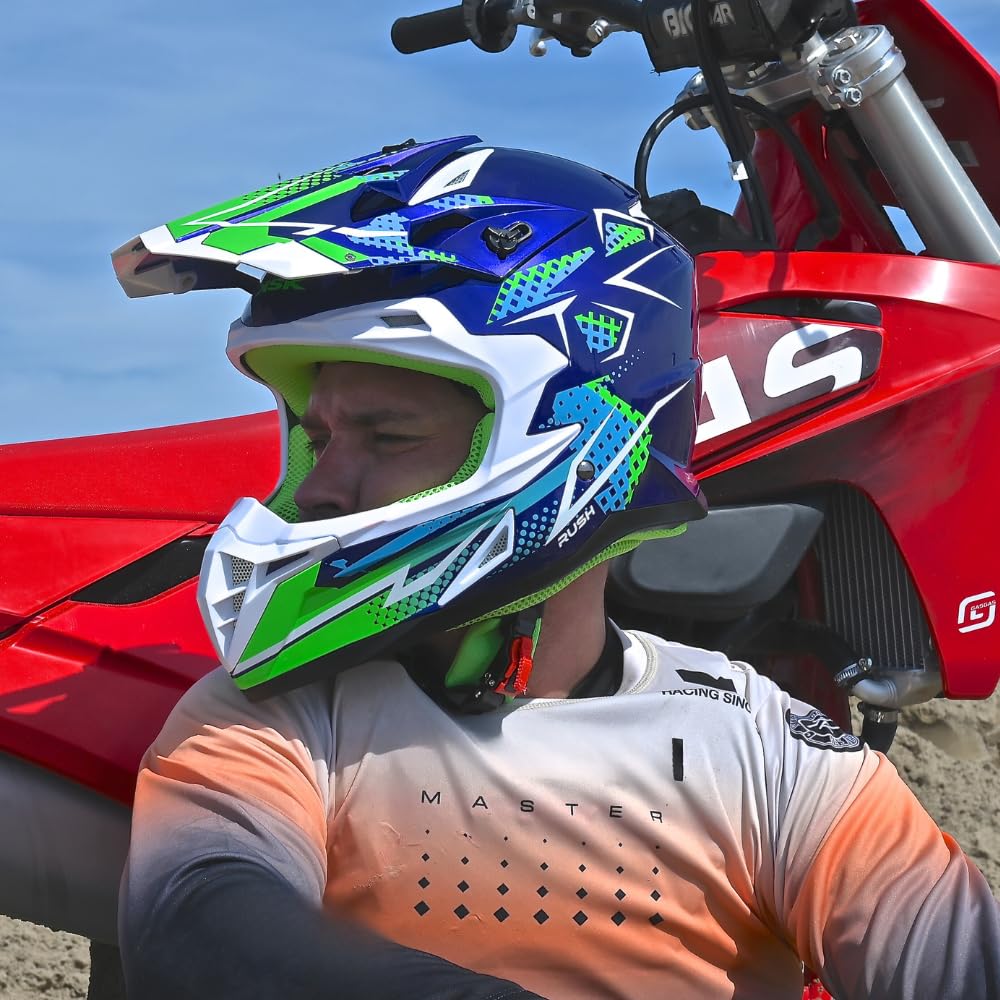 KSK Casque Cross Rush Bleu et Vert - Homologué ECE R 22.06 - S (55-56cm) - Coque ABS