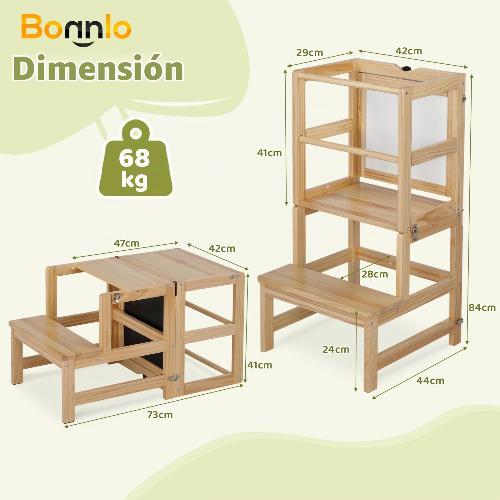 Bonnlo Torre de Aprendizaje Plegable de Madera, Escalera Infantil 4 in 1 con Pizarra, Convertible en Mesa y Silla, hasta 60 KG, Desde 3 Años, Natural