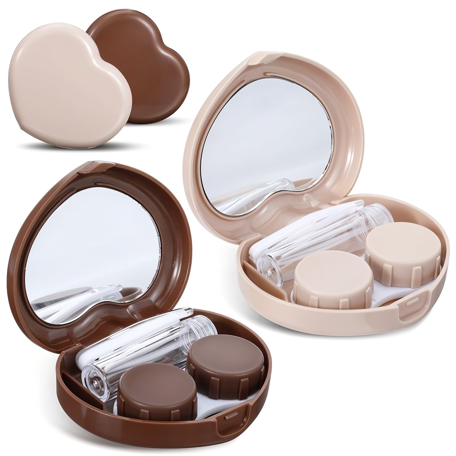 2 Pcs Heart Contact Lens Case Brown Contact Lenses Travel Size Portable Contacts Lenses Box with Mirror Tweezers