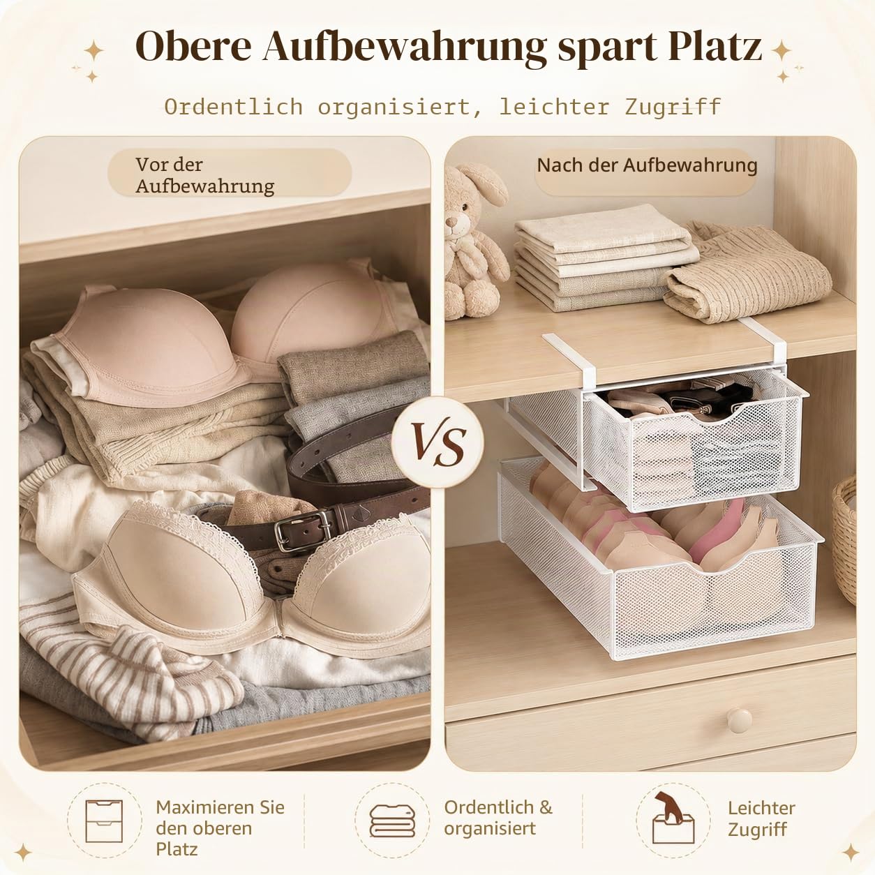 Unterwäsche-Schubladen-Organizer für Schrank, Hängender Ausziehbarer BH-Socken-Lingerie-Aufbewahrungskorb - Doppelschichtiger Mesh-Unterwäsche-Organizer