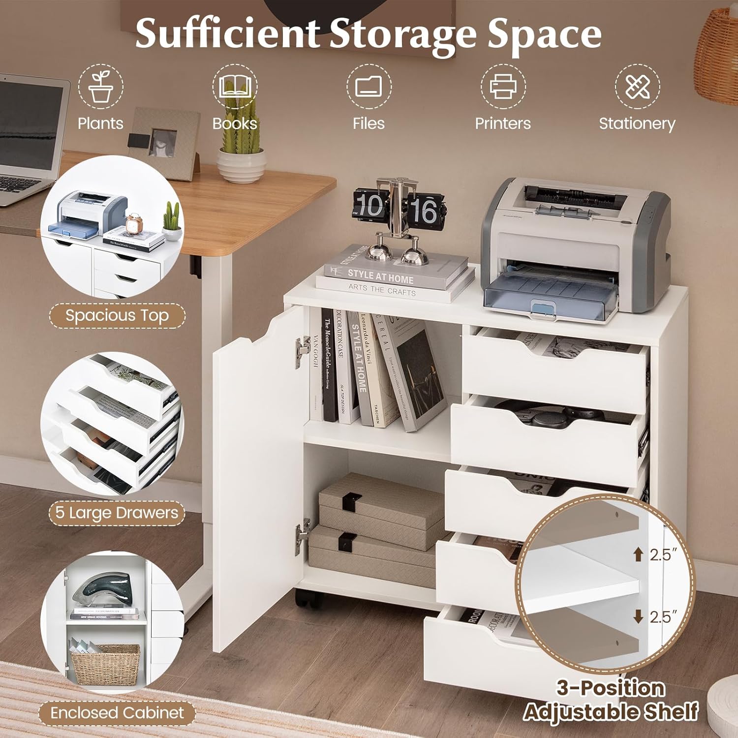Giantex Lateral File Cabinet with Shelves - 5 Drawer Office Cabinet, Rolling Storage Organizer with 5 Casters, 5-Position Adjustable Shelf, Mobile Filing Cabinet, Printer Stand with Storage, White