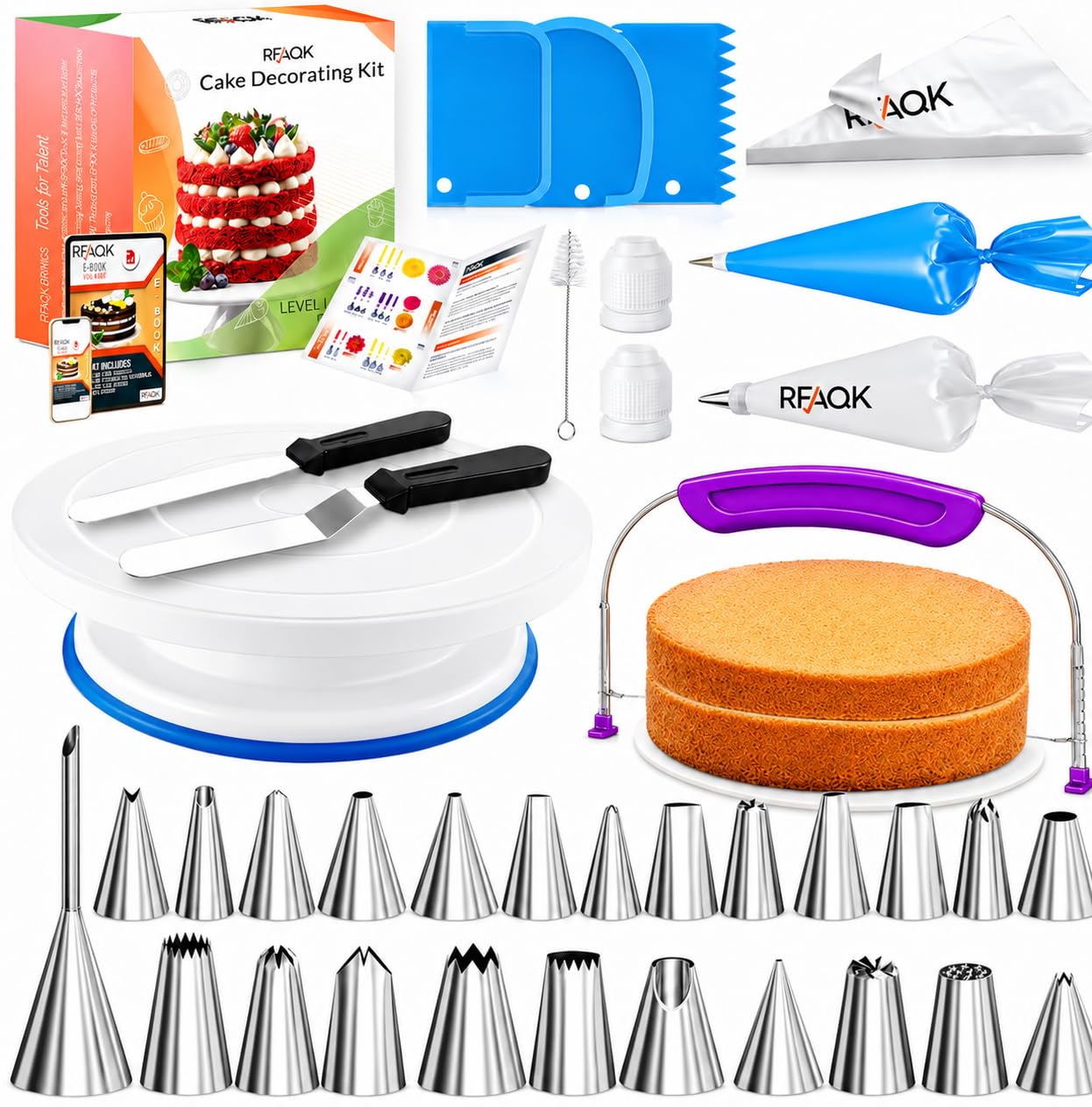 RFAQK 64 Pcs Cake Decorating Supplies Kit With Cake Turntable, Cake Leveler, 24 Numbered Piping Tips with Pattern Chart & eBook, Straight & Offset Spatula, 30 Icings Bags, 3 Icing Smoother Scraper Set