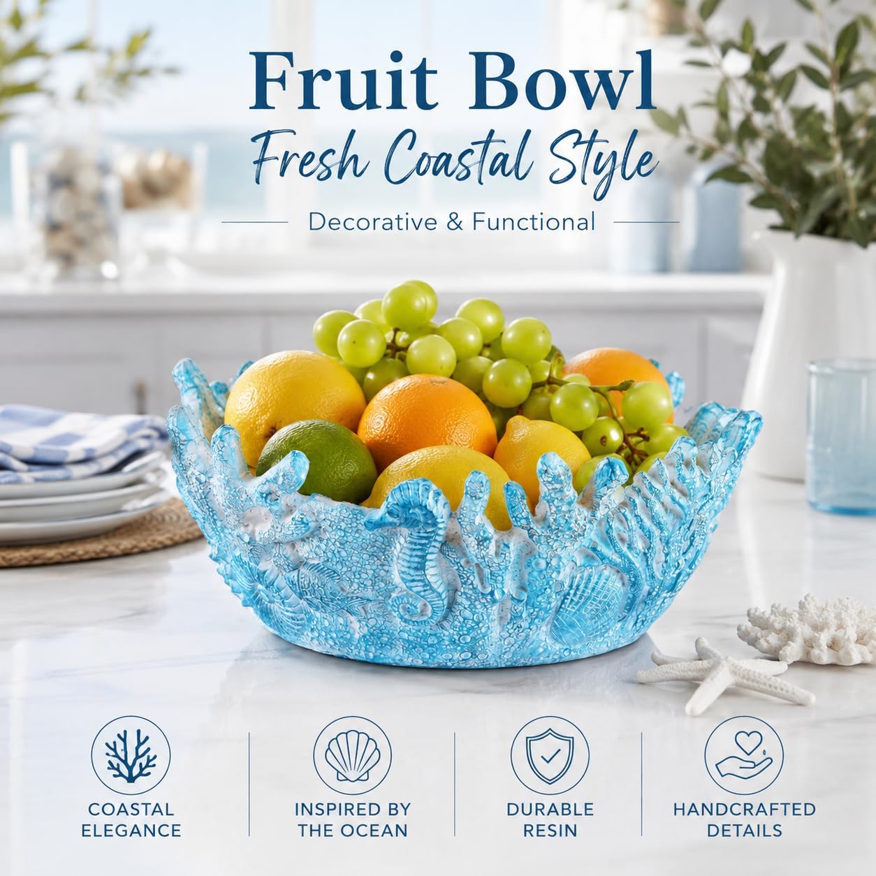 Ocean Coastal Coral Resin Decorative Bowl for Fruit & Storage(Dark Blue)