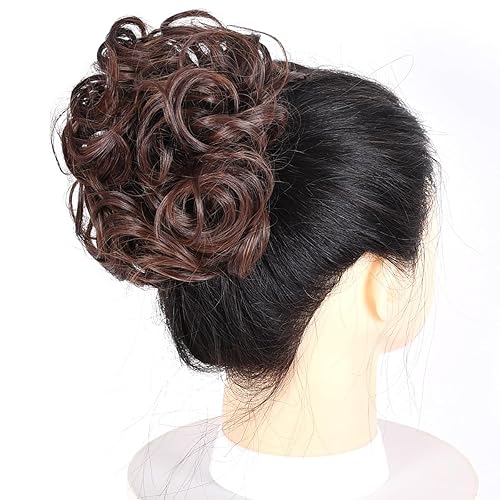 Miniatura 3 de Moño desordenado con moño, dona, cuerda elástica, banda de goma, extensión de cabello grueso, extensión de cabello grueso, mezcla de castaño