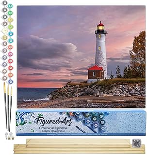 Figured'Art Paint by Numbers Kit for Adults Sea Lighthouse 16"x20" - Craft Art Painting Rolled Canvas with DIY Wooden Frame