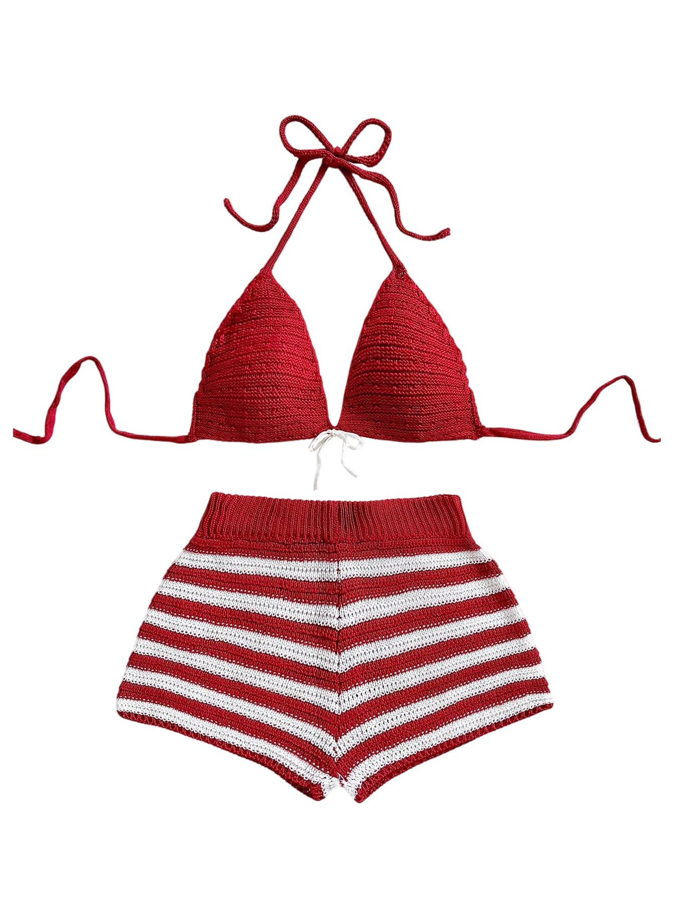 MakeMeChic Women's Crochet Two Piece Cover Up Outfit Halter Tie Backless Bikini Top and Striped Shorts Set
