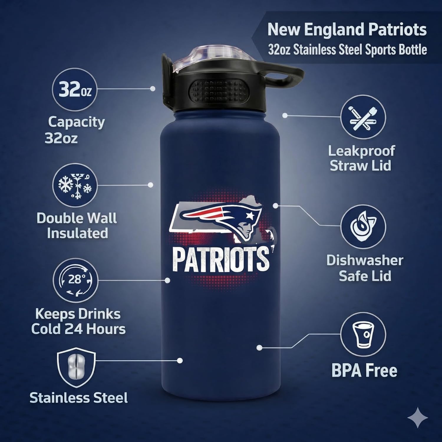 NFL ProPress Gradient Home State 32oz Stainless Steel Water Bottle, Press Top Lid