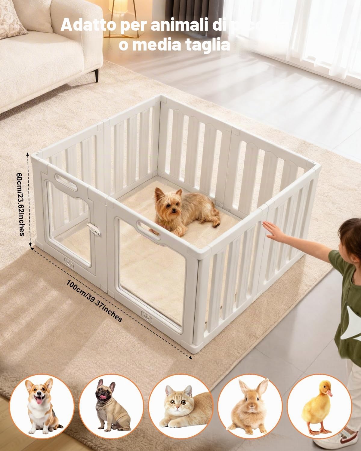 Recinto per Cani da Interno in Acrilico 100 × 60 cm, 8 pannelli Recinto per Cani Pieghevole, fai da te per cani di piccola e media, gatti e conigli, recinzione in plastica per interni, colore bianco