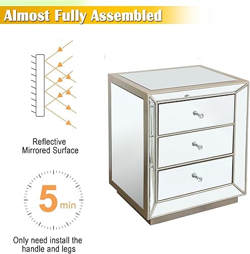 Miniatura 23 de Henf Elegante mesita de noche de espejo con borde dorado plateado con 3 cajones, mesa de acento de espejo con perilla de cristal, mesa auxiliar para