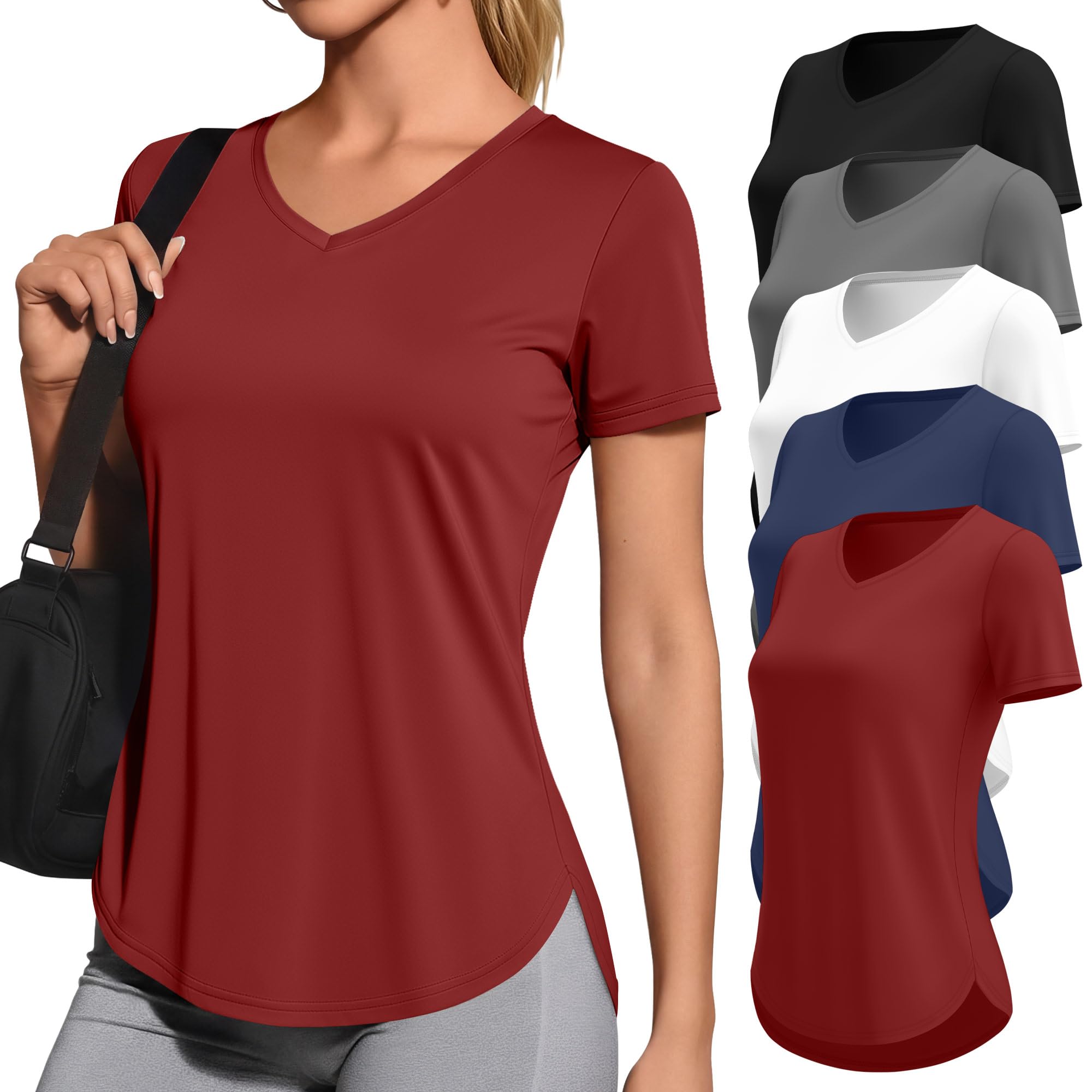 5 Pack Womens Workout Shirts V Neck Quick Dry Tops UPF 50 Short Sleeve UV Gym Basic Tee