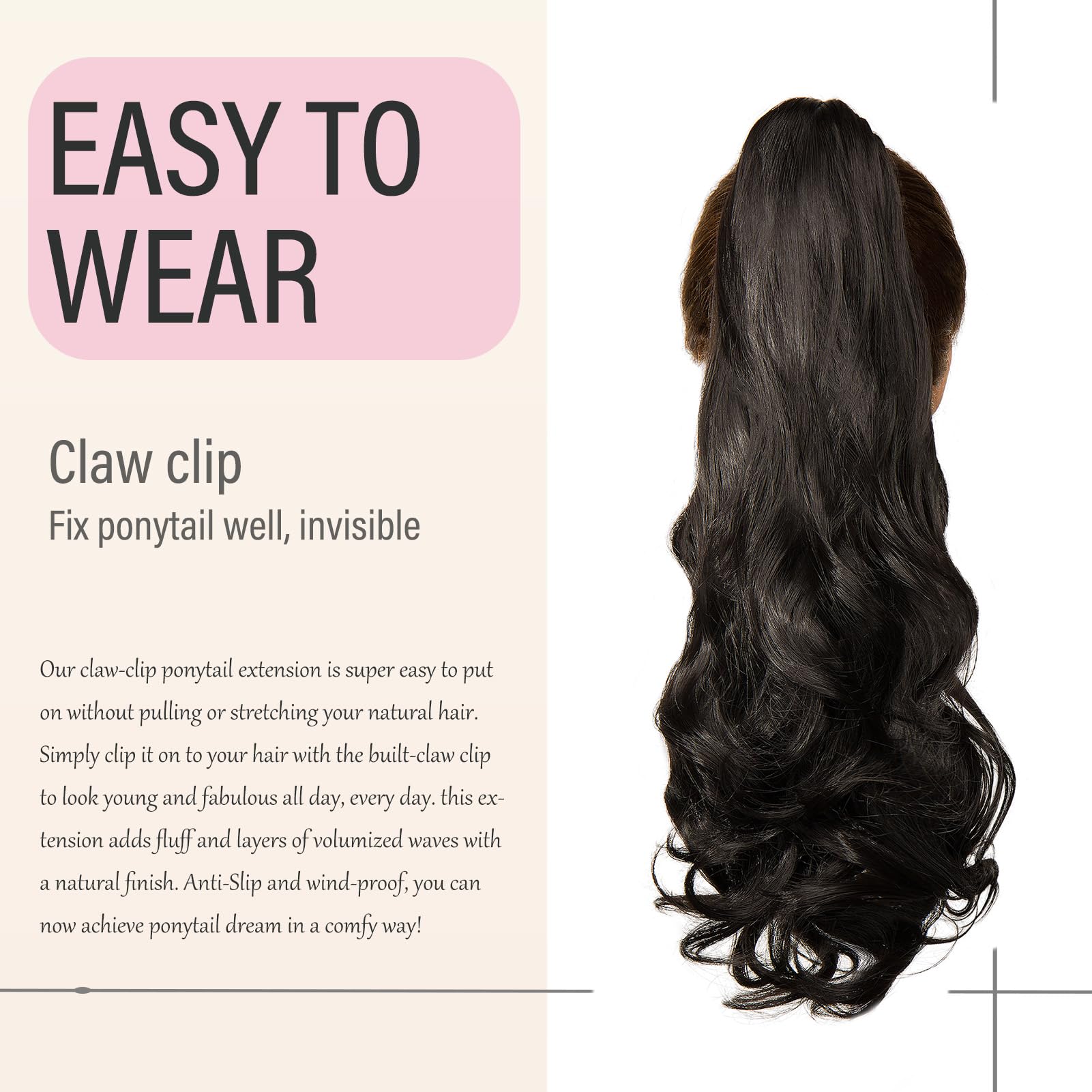 Dcbaboo 18inch Claw Clip in Ponytail Extensions Dark Brown Long Wavy Jaw on Ponytail Hair Extension Curly Pony tails Natural Wave Synthetic One Piece Hair piece - Image 4